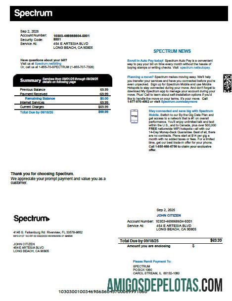 Em branco modelo de conta de serviços públicos do USA Spectrum em formatos Word e PDF, versão 3